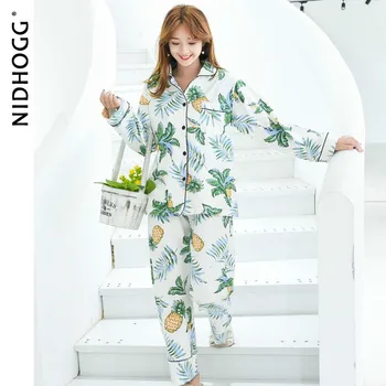 

Autumn Pineapple Green Leaves Pajamas Turn-down Collar Long Sleeve Women Pajama Set Cotton Pyjamas Two Piece Set Sexy Nightwear