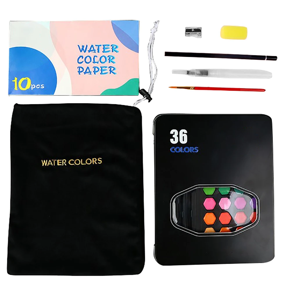 

36 Colors Portable Travel Solid Paint Set Iron Case Watercolor Painting Brush Pocket Pigment Palette For Drawing Art Supplies
