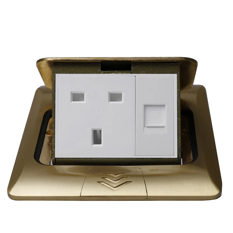 

KEKA All copper Gold Panel slow Pop Up Table Floor Socket 16A British Standard Power Outlet With computer network rj45 socket