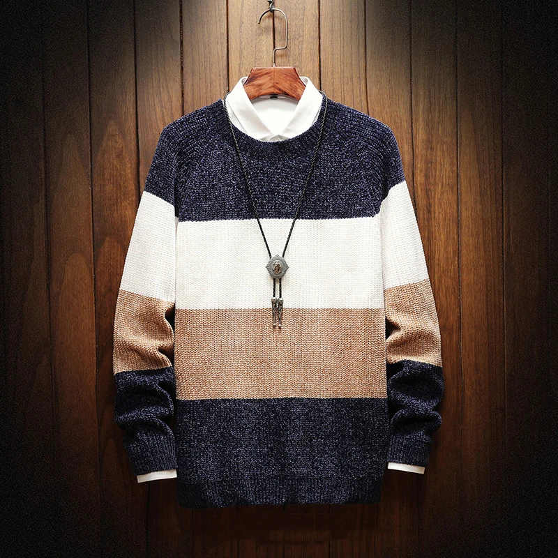 2019 autumn and winter new large size men's warm round neck sweater hombre striped sweater sweater men's casual loose brand knitted pullover 2019 autumn and winter new large size men's warm round neck sweater hombre striped sweater sweater men's casual loose brand knitted pullover