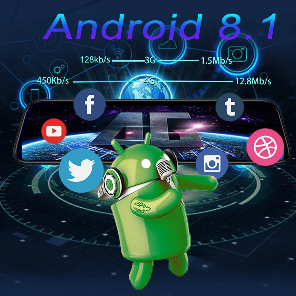 4G 12 &quotWIFI 1080P Автомобильная камера в зеркале DVR Android 8 1 видеорегистратор заднего