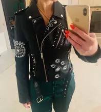 Jacket Punk Biker-Coat Rivets Leather Short Letters-Print Motorcycle Women Outwear Ailegogo