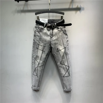 

Women Jeans High Waist Gray Geometric Pants 2019 New Spring Fashion Female Vintage Denim Trousers Casual Loose Harem Pants