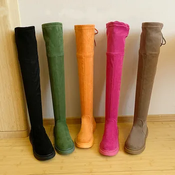 

Fashion Over The Knee Women Stretch Orange Green Pink Boots 2019 New Winter Boots Women Slip On Platform Rubber Boots Black Boot