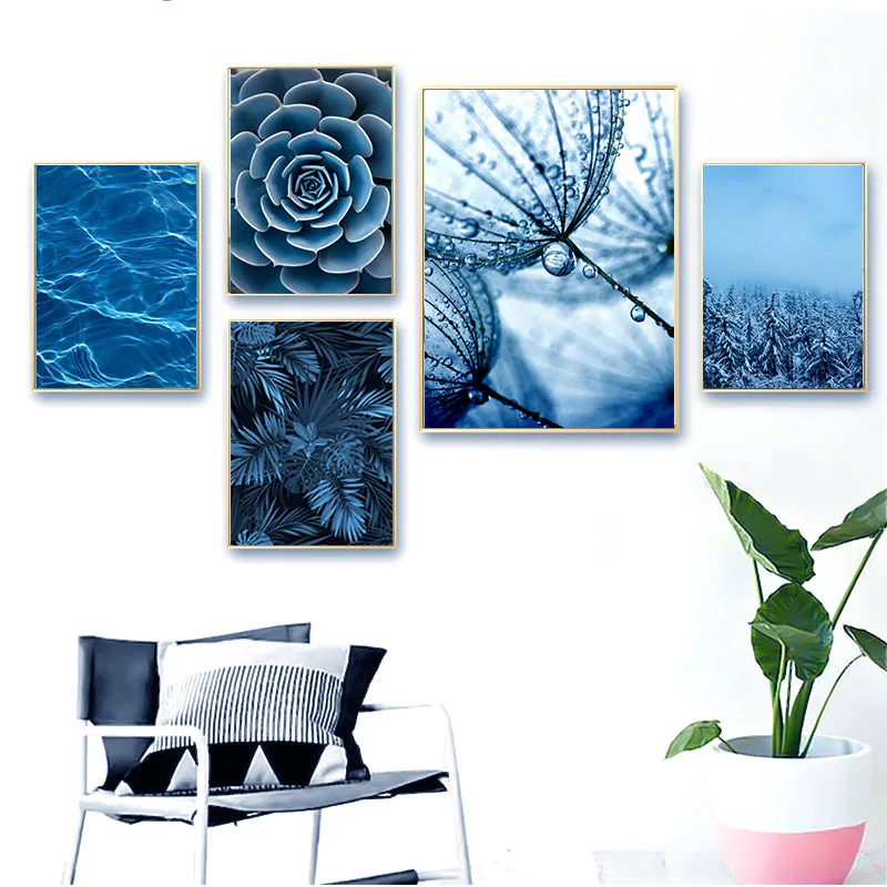 

Nordic Blue Dandelion Succulents Monstera Leaves Canvas Painting Wall Pictures For Living Room Decoration