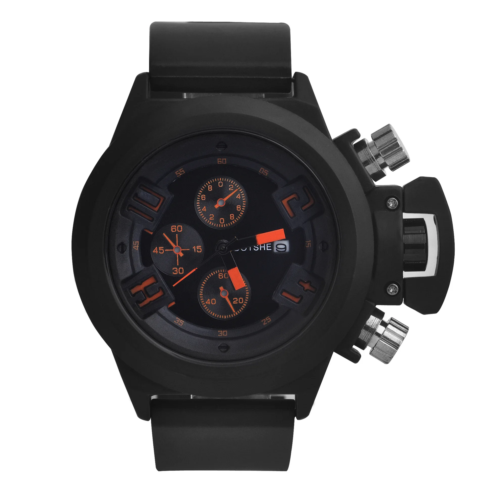 

Sports Hot Selling Fake Three-Eyed Silicone Band Calendar Watch Orange