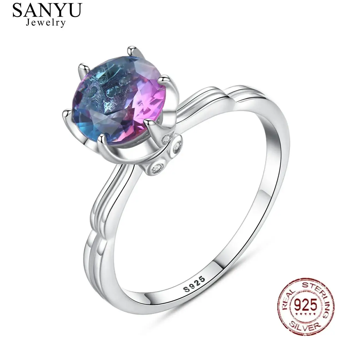 

SANYU Genuine 925 Sterling Silver Rainbow Fire Mystic Solid Topaz Gemstone Ring For Women Engagement Ring Fine Jewelry
