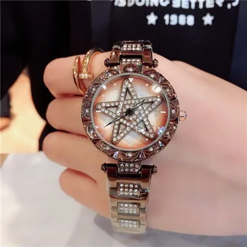 

5 Colors Quartz Watches Chic Fashion Creative Rotating Diamond Star Dial Steel Strap Clock Wrist For Women