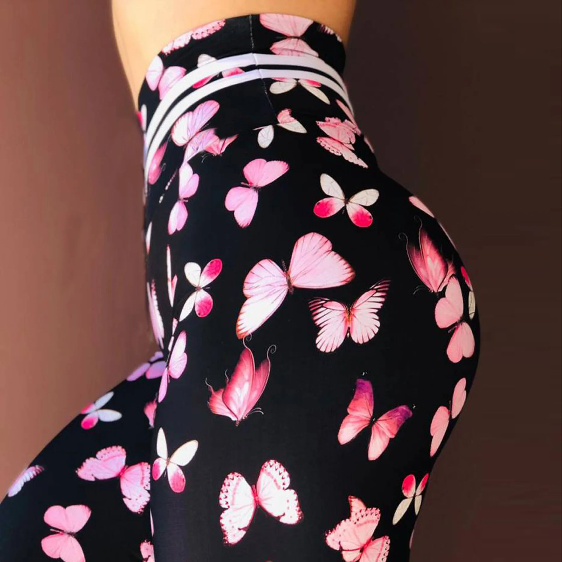 Женские эластичные брюки розовые брюки с цифровой печатью в виде бабочек, обтягивающие брюки длиной до щиколотки, подтяжка бедра, высокая