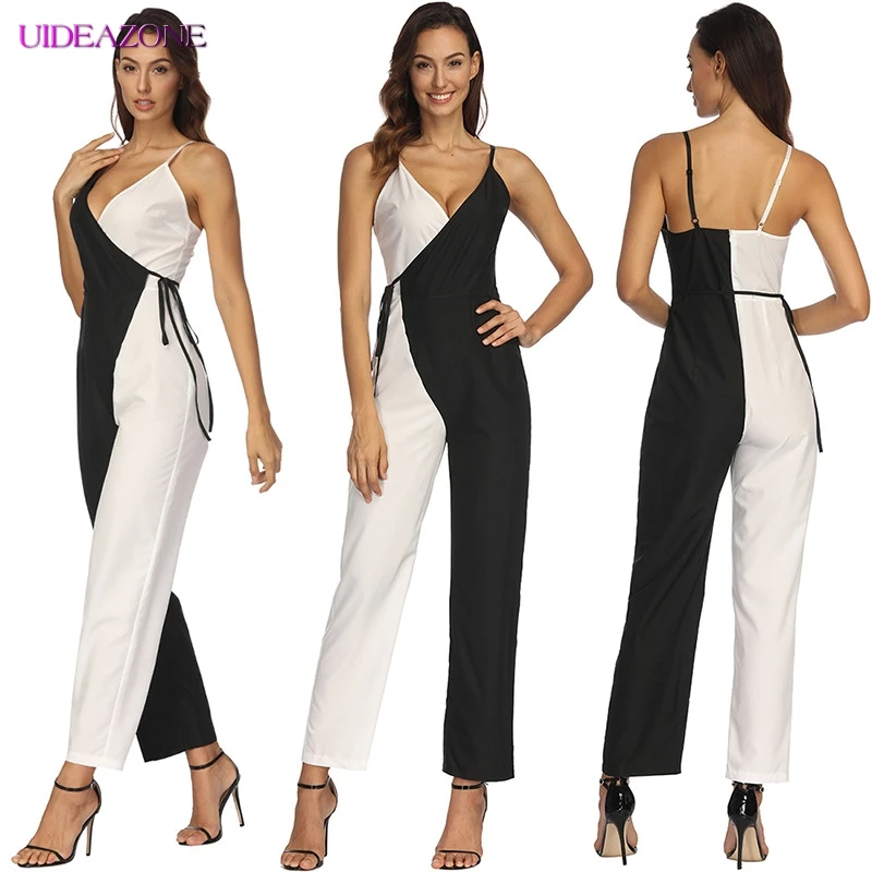 

UIDEAZONE Crossing V Neck Sexy Summer Jumpsuits Contrast Color Sling Sleeveless Backless Casual Drawstring Pants Playsuit Femme