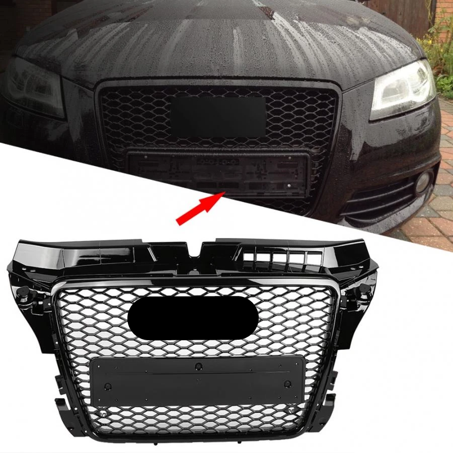 For Rs3 Style Front Sport Hex Mesh Hood Grill Gloss Black For
