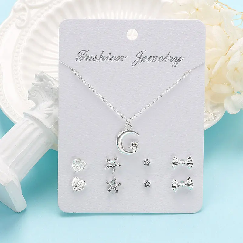 

4 Pair Earring+1 Necklace New Korean Silver Jewelry Set for Women Fashion Heart/ Deer/Moon Shape Jewelry Ladies Gifts