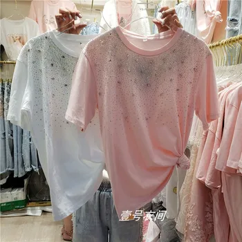 

Summer Tshirt Woman Rhinestone Handmade Diamond Cotton Round Neckline T-shirt Women's Fashion Loose All-match Short Sleeve Top T