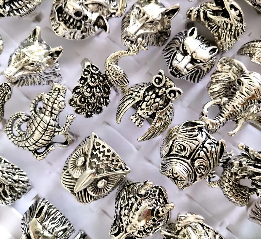 Bulk lots 50pcs Animal Mix Ring Men's Punk Rocker Skull Ring Snake Lion Leopard Dragon Elephant Owl Gecko Eagle Rings Man Gift 6
