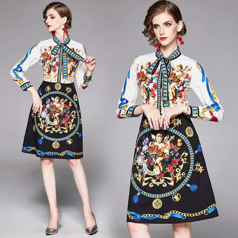 

2019 Europe And America Ol Commuting Long Sleeve Lace-up Printed Waist Hugging Slimming Elegant Medium-length Dress