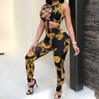 

2020 Spring Summer Chain Printed Two Piece Outfits for Women Sexy Hallow Out Bandage Crop Tops & High Waist Skinny Pants Set