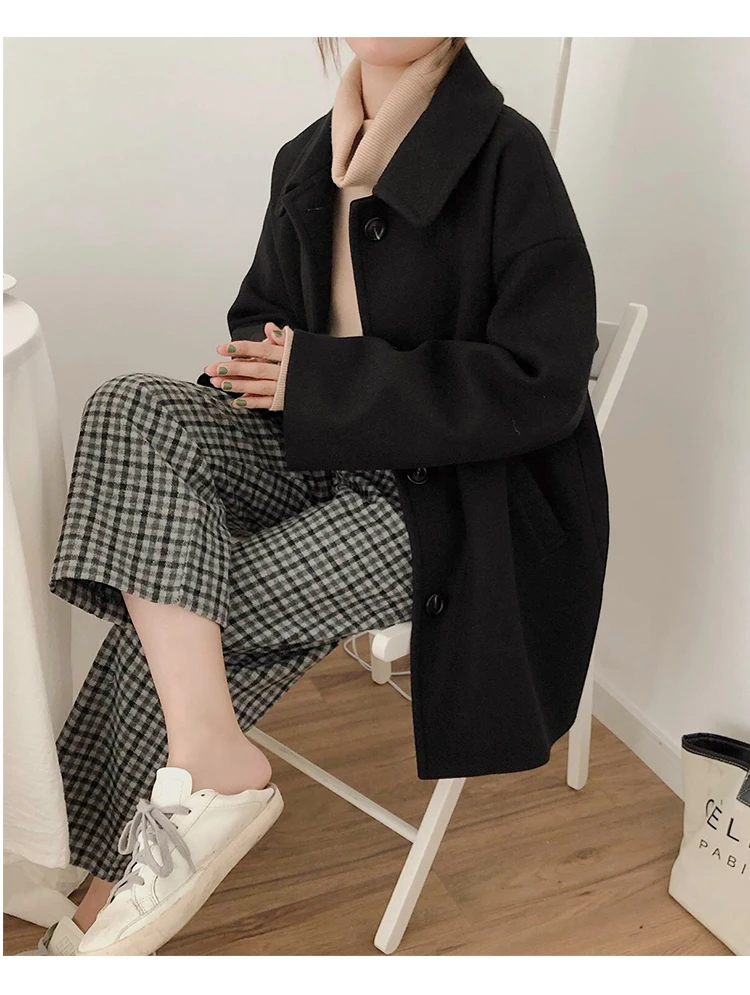 Женское Однотонное шерстяное пальто средней длины, зимнее, Harajuku Camel, элегантное, подходит ко всему, свободное, шикарное, корейский стиль, женская винтажная одежда