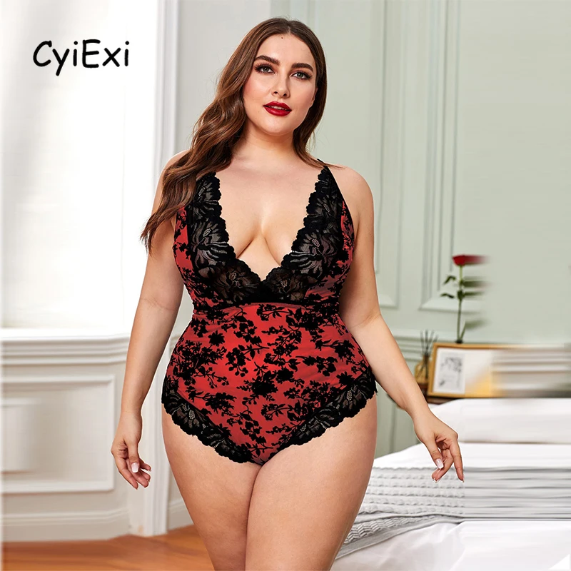 

CyiExi Plus Size Sexy Sleeveless Women's Bodysuit Ladies Sheer Lace Trim Patchwork Deep V-neck Backless Body Tops Female Clothes