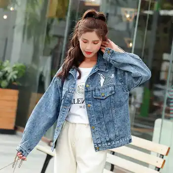 

Fashion Cowboy Denim Jeans Fund Letter Jacket Women Loose Coat Female Autumn Chaqueta Mujer Boyfriend Basic Jackets