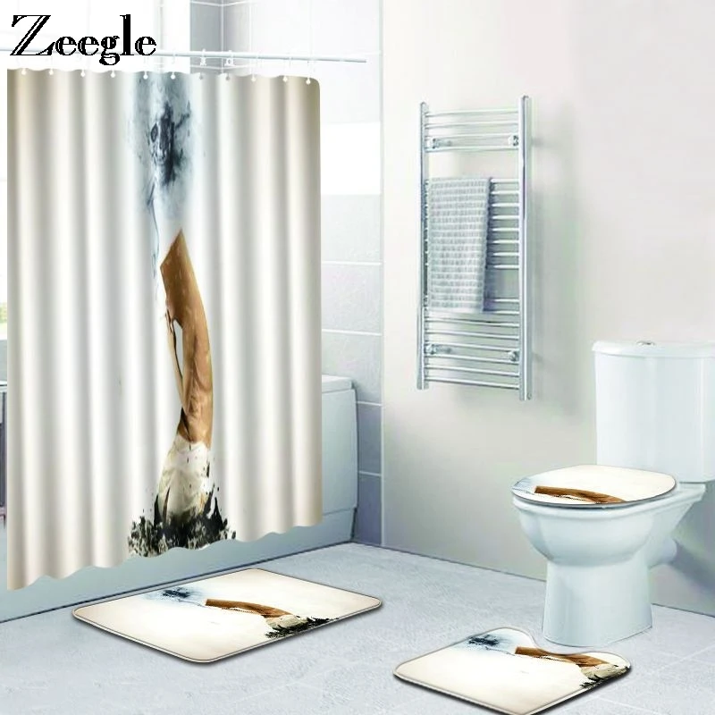 Zeegle Shower Curtain with Toilet Rug Set Non-slip Toilet Pedestal Rug Toilet Cover Mat Bath Mat Set Bathroom Curtain with Hooks