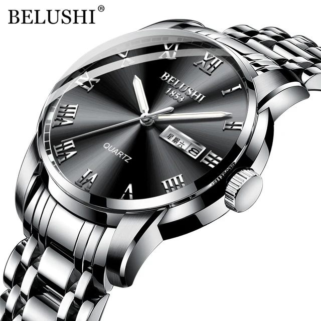 BELUSHI Top Brand Luxury Mens Watches Luminous Waterproof Stainless Steel Watch Quartz Men Date Calendar Business Wristwatch Silver Black