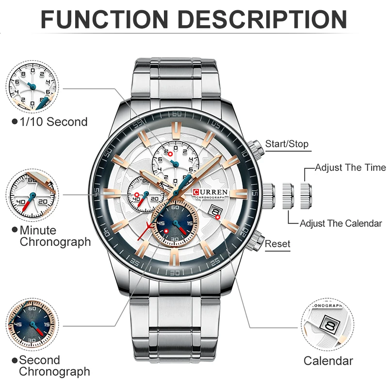 Cena Marka curren męskie zegarki luksusowe ze stali nierdzewnej zegarek kwarcowy mężczyźni sport zegarek na rękę zegarek z dużą tarczą Relogio Masculino