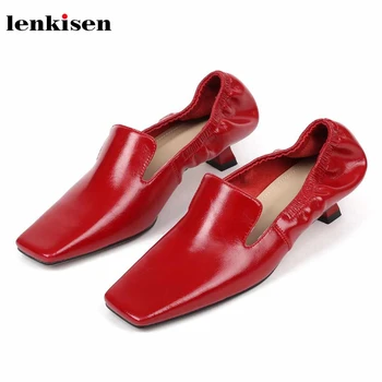 

Lenkisen vintage genuine leather pleated square toe med heels slip on solid basic beauty lady leisure modern spring pumps L03