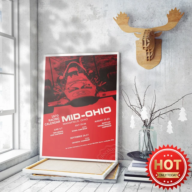 1970 Mid-Ohio Racing Calendar Red Poster, Car Racing Vintage Art Prints,  Boys Kids Room Racing