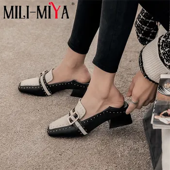 

MILI-MIYA Fashion Women Pumps High Quality Cow Leather Pumps Square High Heels Spring Autumn Mixed Colors Rivets Casual Shoes