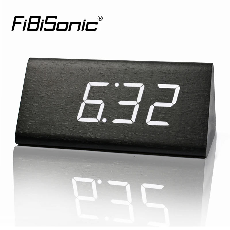 FiBiSonic Wooden LED Alarm Clock with Temperature Sounds Control