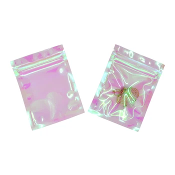 

100pcs Thick Reclosable Holographic Pink Zipper Packaging Bag Cosmetic Jewelry Flat Pouches Laser Small Plastic Zip Lock Bags