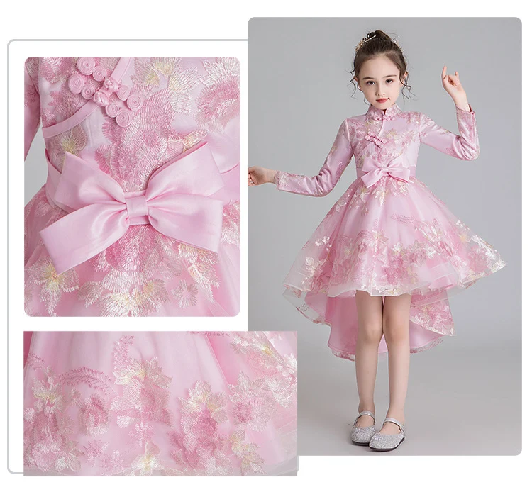 Детский Национальный чехонсам вечерние платья принцессы с цветочной вышивкой для девочек на день рождения, танцевальное шоу, вечерние платья с хвостом