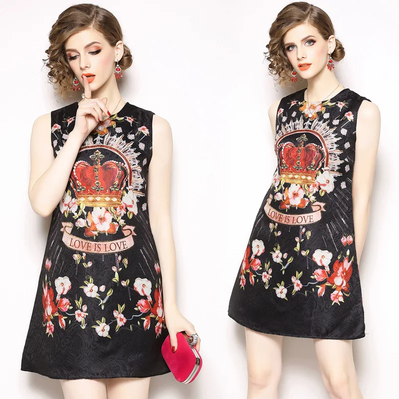 

Ozhouzhan 2018 Early Autumn New Style Flower Creeper Crown Printing Crew Neck Sleeveless A- line Vest Dress