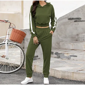 

Autumn Women Two Pieces Set Hoodies + Full Pants Lady Set Casual Striped Letter Patchwork Female Fashion Streetwear Sets