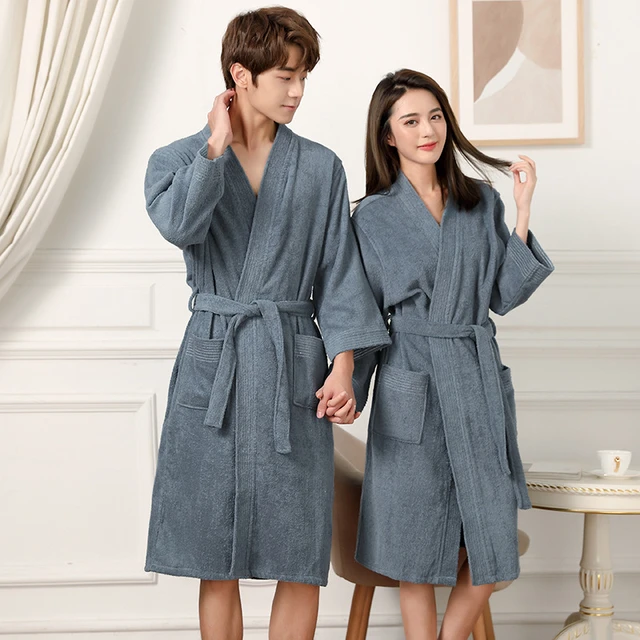 Men Women 100% Cotton Terry Bathrobe Lovers Towel Sleepwear Long Bath Robe  Kimono Femme Dressing Gown Solid Hotel Spa Robes - Robes - AliExpress