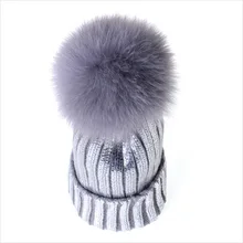 Новая зимняя Шапка-бини цвета металлик и розовый для женщин, пушистая двойная шапка из искусственного меха с помпонами, Вязаная Шапка-бини с помпоном для лыжного спорта