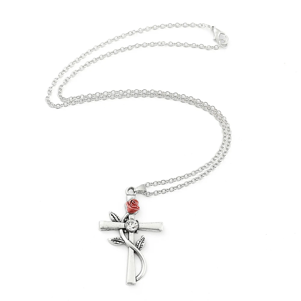 Fashion Rose Cross Silver Necklace 