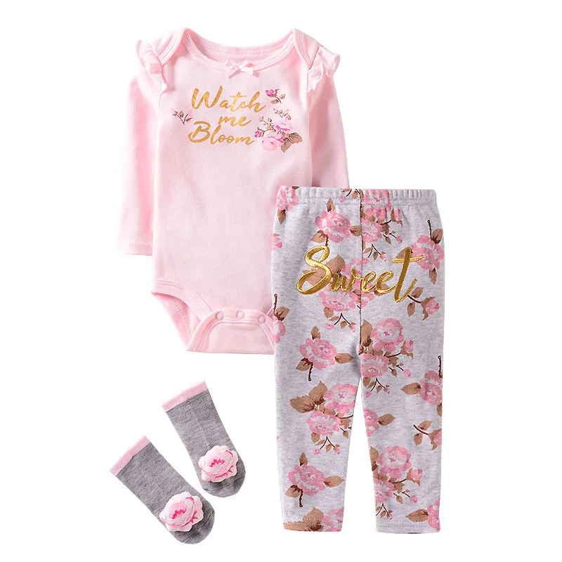 Комплекты одежды для малышей хлопковые костюмы для мальчиков и девочек комбинезон с длинными рукавами для новорожденных из 3 предметов+ штаны+ носки в полоску с рисунком собаки - Цвет: Розовый