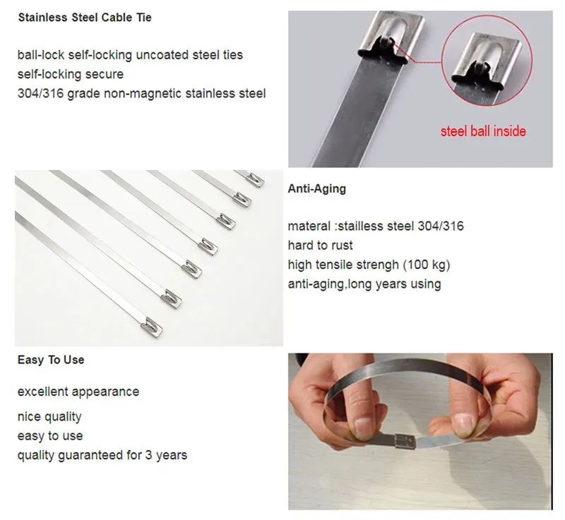 Auto-bloqueio com Cabo de Aço Cabeça da Língua Inoxidável Laços 100pc12mm * 1400mm 6 Fixadores de cabo