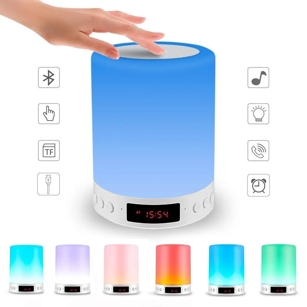 

USB Rechargeable LED Table Night Lamp Touch Dimmable Portable Bluetooth Speaker Digital Alarm Clock Christmas Night Light Gift