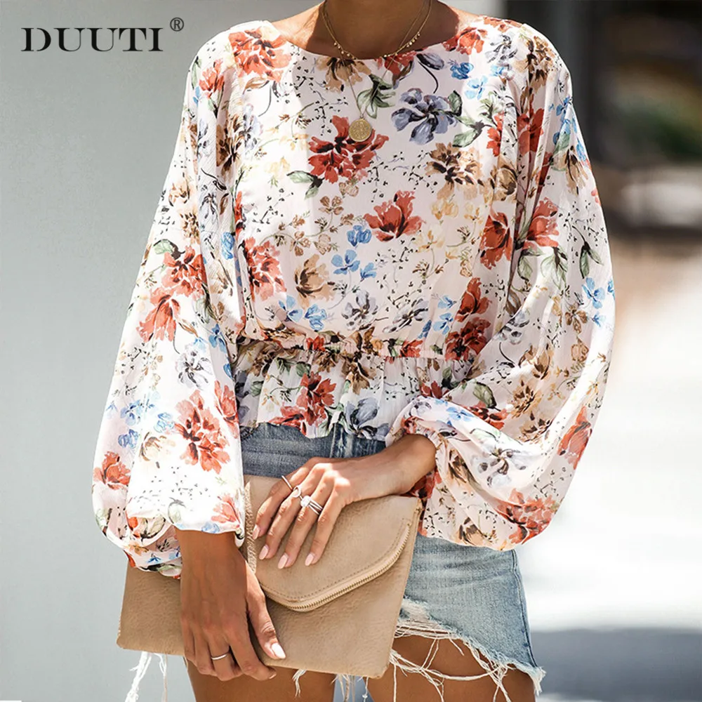 

DUUTI Women Tops Puff Sleeve Floral Bouquet Waist Long Sleeve Shirt New Female Casual Elasticised Waist Lantern Sleeve Shirt D30