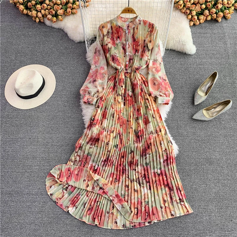 Spring Autumn Bohemian Women Tie Dye Printed Pleated Long Dress Boho Stand Collar Puff Sleeve High Waist Draped Maxi Vestido New a line dress