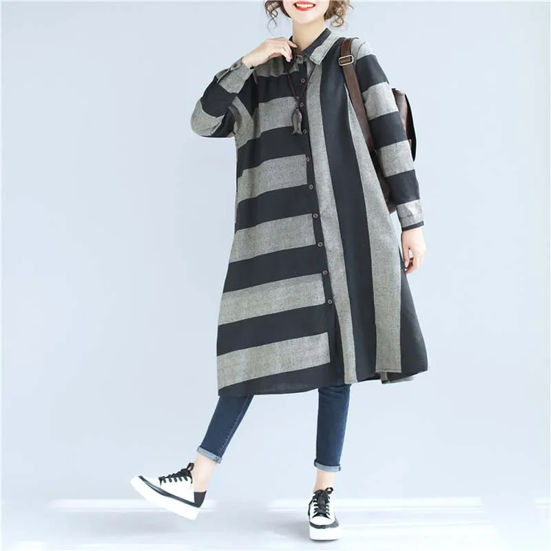 

2019 Autumn New Loose Long Cardigan Cotton Linen Shirt Collar Striped Asymmetric Long Sleeve Dress Plus Size Literary Vestidos