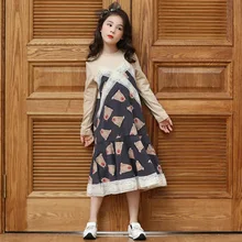 Весеннее платье с рисунком медведя и рыбий хвост; осеннее Новое свободное кружевное платье с круглым вырезом и длинными рукавами для девочек