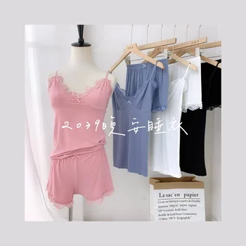 

Night Female Summer Pajamas Princess-Korean-style Fresh Kitten Footprints Pure Cotton Slip Nightdress Two-Piece Set Home