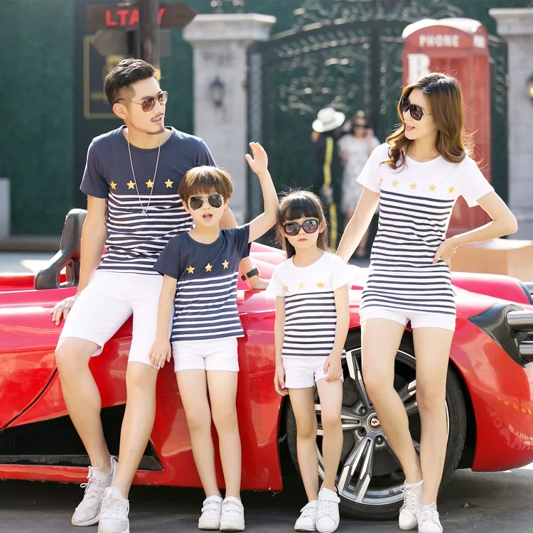 summer Family Matching Outfits new striped Cotton short-sleeved t-shirts for whole family Mother daughter and Father son