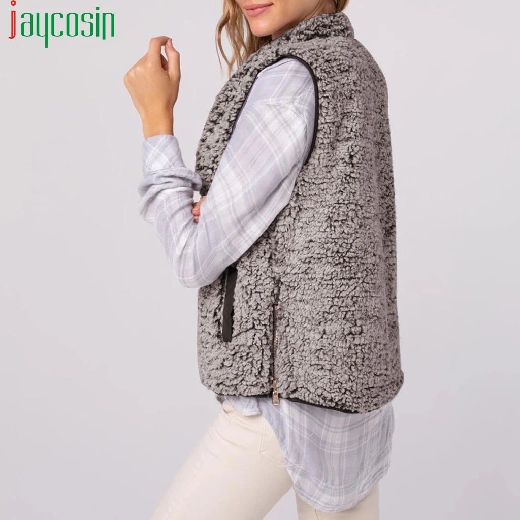 wonderful  Women Double-Sided Jacket Plush Warm Slim Solid Color O-Neck Zip-up Coats Ladies Tops Sleeveless Pl