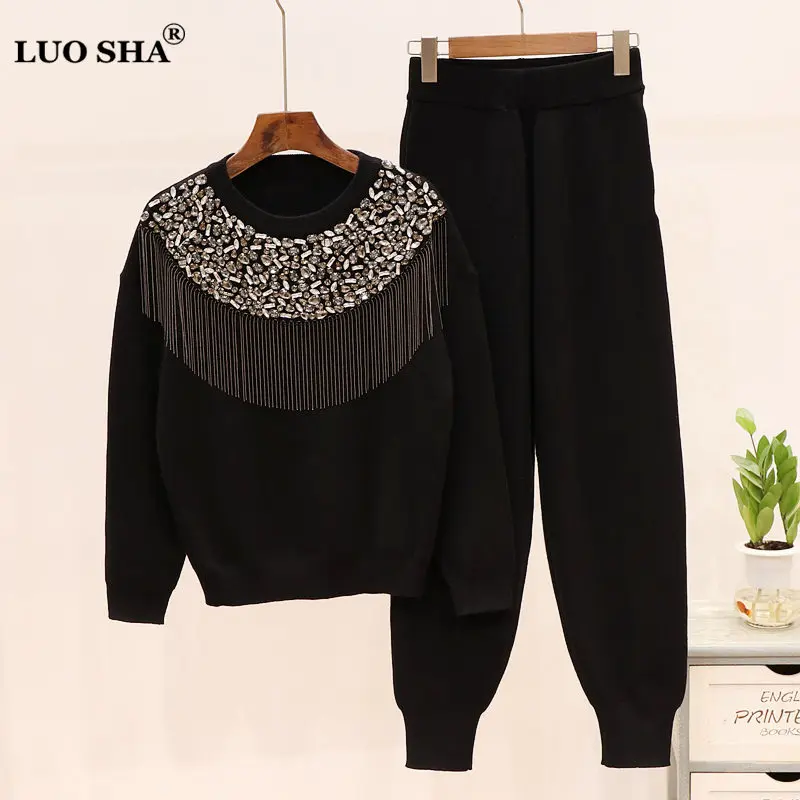 

LUOSHA Two Piece Women Autumn Winter Warm Heavy Work Knitted Crystal Tassel Pullover Sweater And Pants Sets 2 Piece Tracksuit