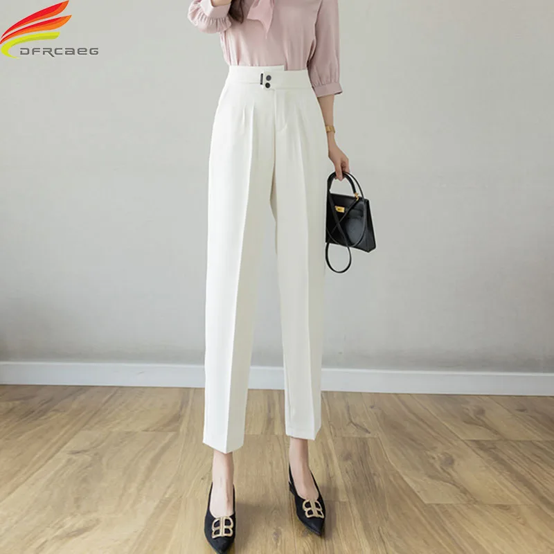 

New 2021 Autumn High Waist Straight Pants For Women Korean Fashion Double Buttons Up White Or Black Suit Pants Ladies Trousers