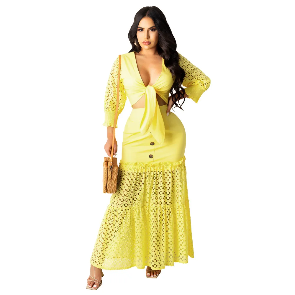 Sexy 2 Piece Set Women Lace-up Hollow Out Yellow Crop Top And Fashion Package Hip Skirt Matching Two Piece Club Party Outfits